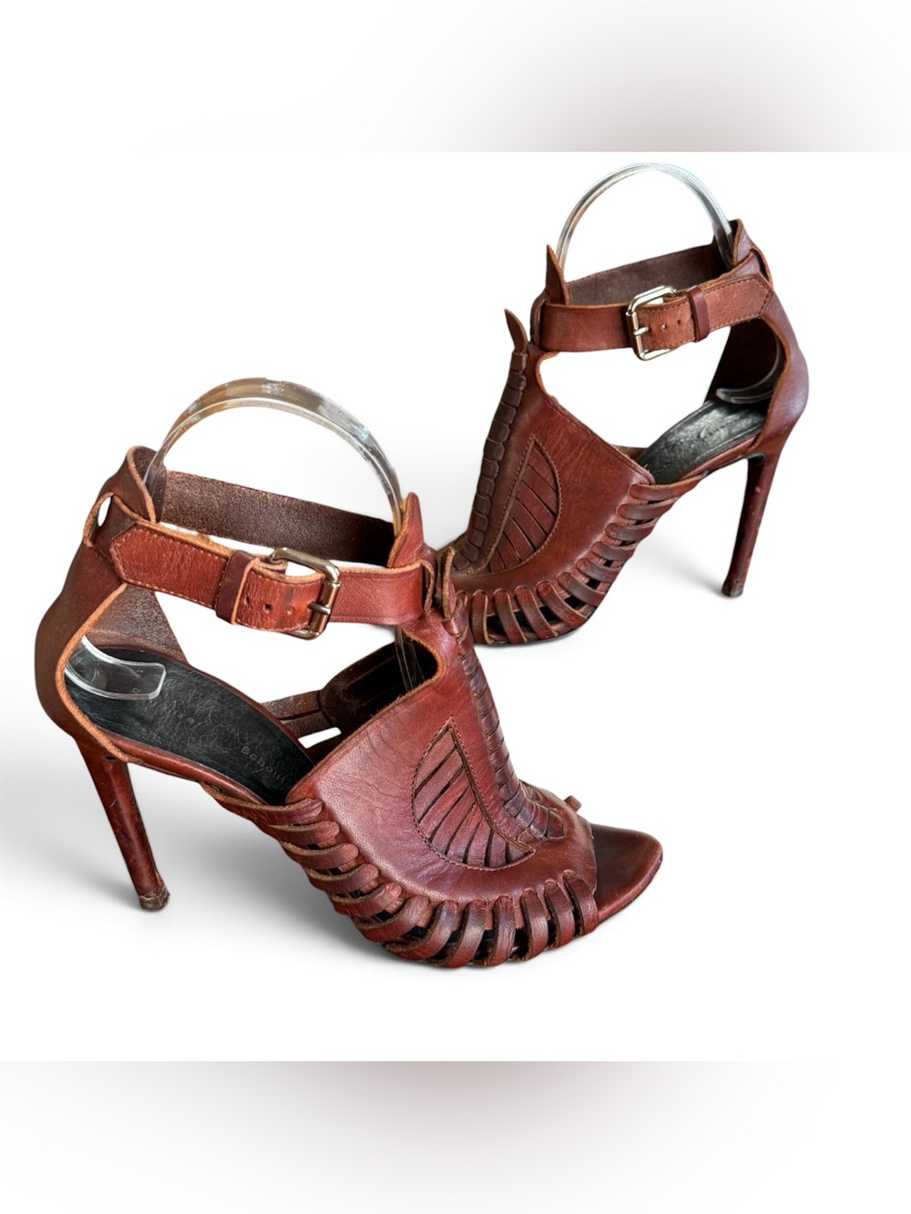 Proenza Schouler Brown Leather Heeled Sandals With Woven Cutout Design 37.5=7.5